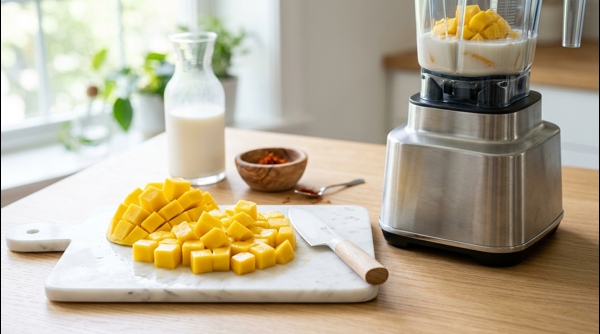 Diced fresh yellow mango chunks on a white cutting board next to a modern blender Diced fresh yellow mango chunks on a white cutting board next to a modern blender