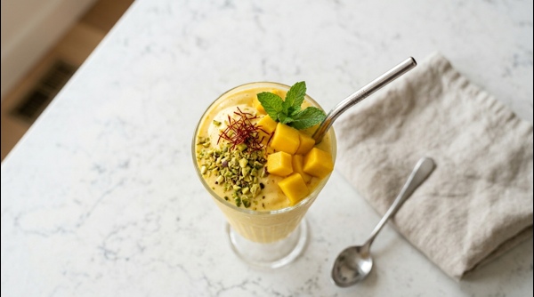A tall glass of thick creamy mango shake garnished with saffron and chopped nuts on a marble counter A tall glass of thick creamy mango shake garnished with saffron and chopped nuts on a marble counter