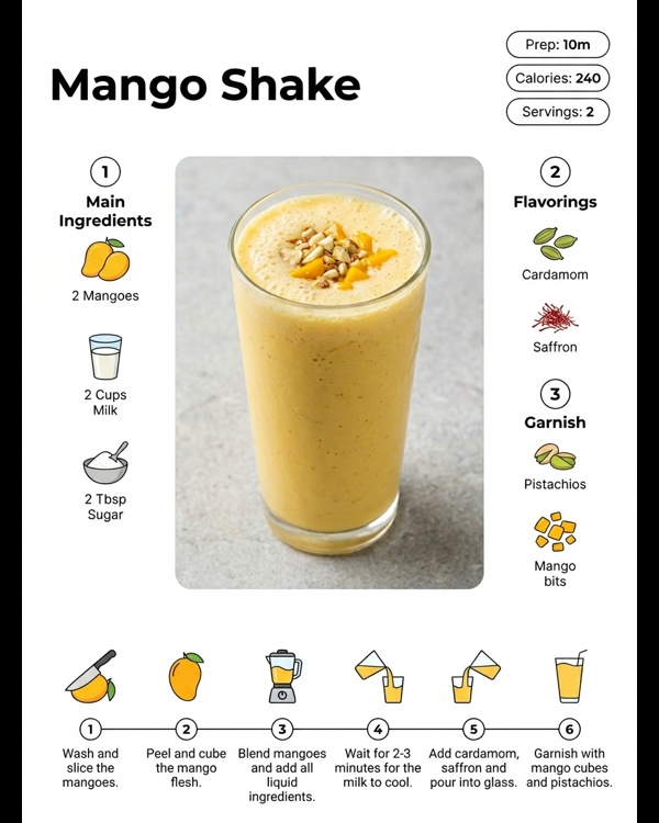 A tall glass of thick creamy mango shake garnished with saffron and chopped nuts on a marble counter A tall glass of thick creamy mango shake garnished with saffron and chopped nuts on a marble counter