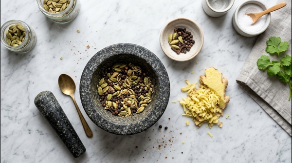 Crushed spices and tea leaves boiling in a saucepan on a modern stove