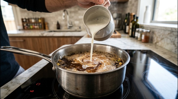 Straining the hot masala chai into a glass with spices visible in the strainer