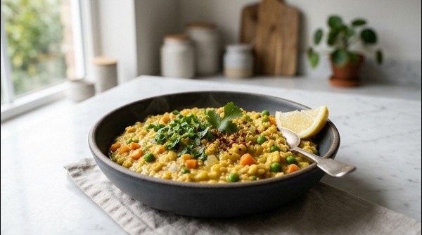 A steaming bowl of colorful Masala Oats garnished with fresh coriander and lemon