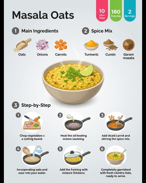 A steaming bowl of colorful Masala Oats garnished with fresh coriander and lemon