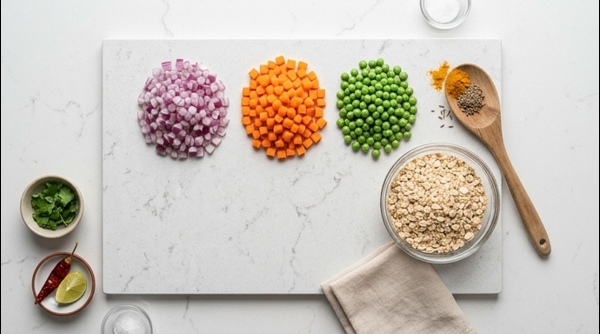 Freshly chopped onions, carrots, and peas on a modern white countertop