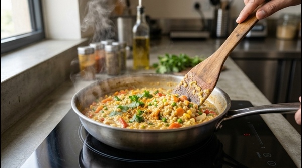 A beautifully plated bowl of masala oats on a marble surface