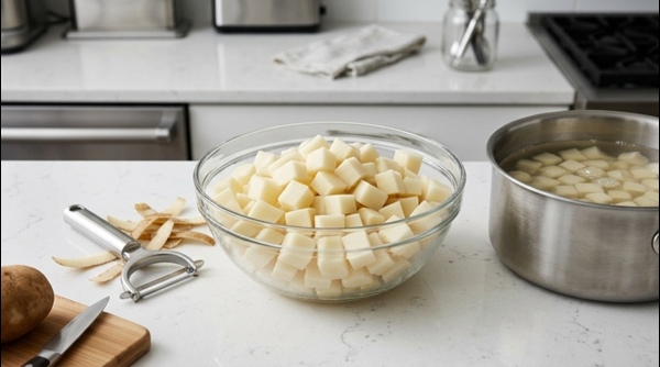Freshly peeled and cubed potatoes sitting in a pot of clear water on a quartz countertop