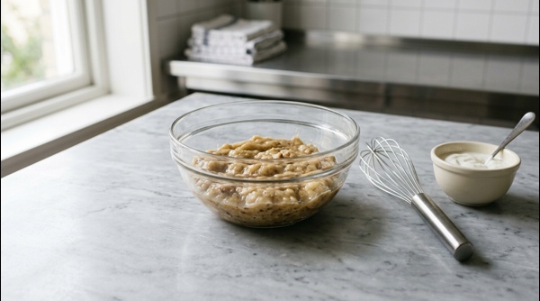 Mashing ripe bananas in a glass bowl with a fork