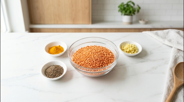 Red lentils simmering in a modern stainless steel pot with turmeric Red lentils simmering in a modern stainless steel pot with turmeric