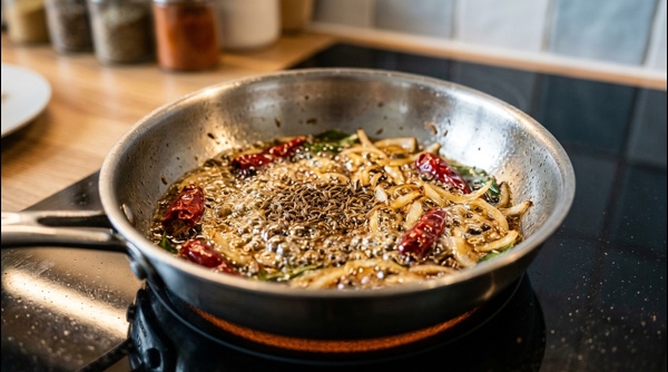 Pouring the sizzling tempering over the cooked yellow dal Pouring the sizzling tempering over the cooked yellow dal