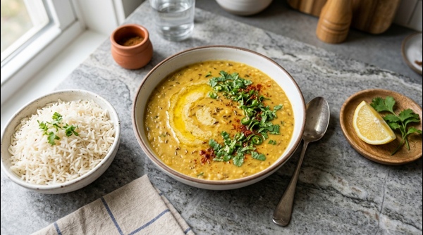 Creamy Masoor Dal garnished with fresh cilantro and lemon in a white ceramic bowl Creamy Masoor Dal garnished with fresh cilantro and lemon in a white ceramic bowl