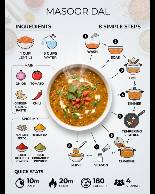 Creamy Masoor Dal garnished with fresh cilantro and lemon in a white ceramic bowl Creamy Masoor Dal garnished with fresh cilantro and lemon in a white ceramic bowl