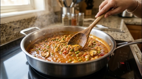 The finished Matar Mushroom curry served in a modern bowl with fresh herbs
