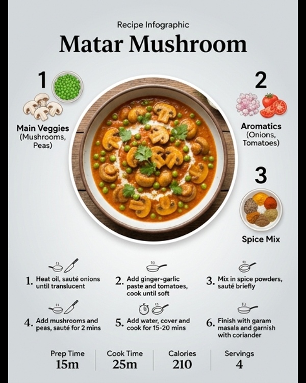 A professional plate of Matar Mushroom curry with fresh coriander and cream