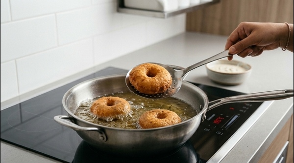 Golden brown Medu Vadas being deep fried in a stainless steel kadai on a modern stove