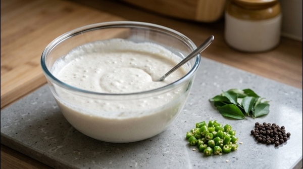 Thick white urad dal batter in a modern blender with a smooth aerated texture