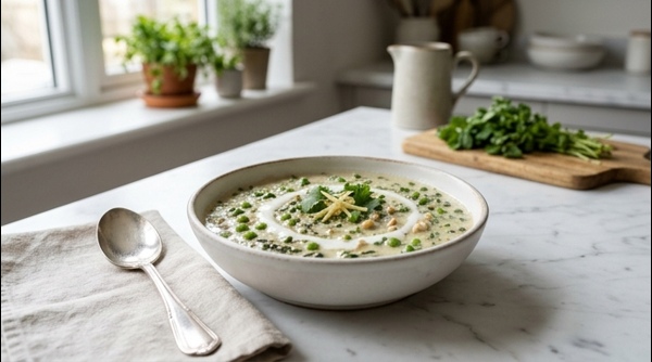 Creamy Methi Matar Malai served in a white ceramic bowl with a swirl of fresh cream and ginger juliennes