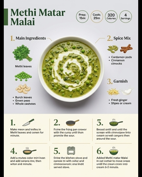 Creamy Methi Matar Malai served in a white ceramic bowl with a swirl of fresh cream and ginger juliennes