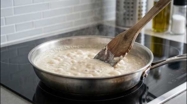 A finished bowl of Methi Matar Malai garnished with ginger and cream on a marble countertop