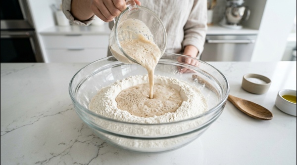 Mixing flour and yeast liquid in a glass bowl on a marble countertop
