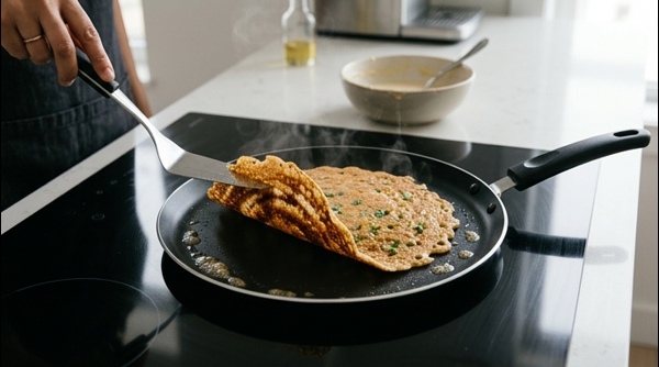 A golden brown Moong Chilla being flipped on a modern flat pan
