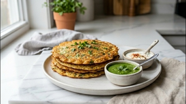 A stack of golden brown Moong Chillas served with fresh green chutney and yogurt