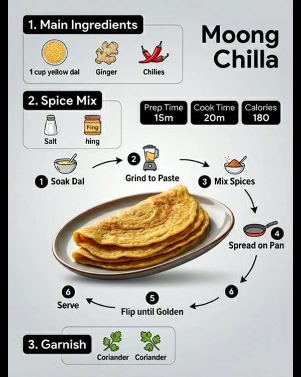 A stack of golden brown Moong Chillas served with fresh green chutney and yogurt