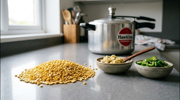 Yellow lentils simmering in a modern stainless steel pot