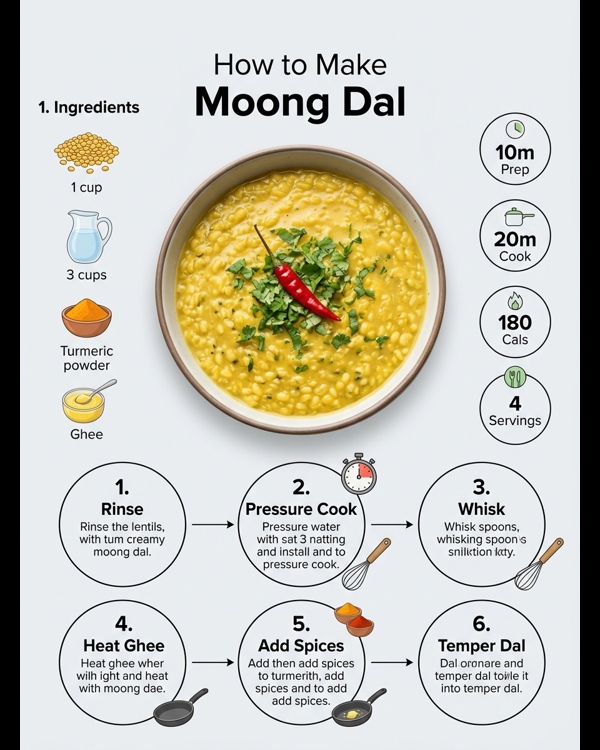 A steaming bowl of yellow Moong Dal topped with fresh coriander and sizzling tadka