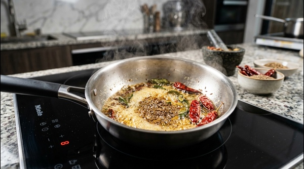 A finished bowl of Moong Dal served with a side of fluffy white rice