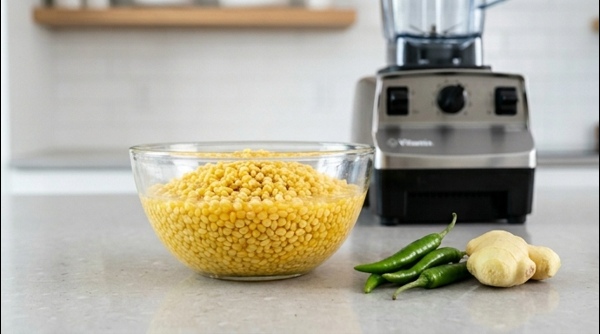Soaked yellow moong dal being drained in a modern kitchen sink