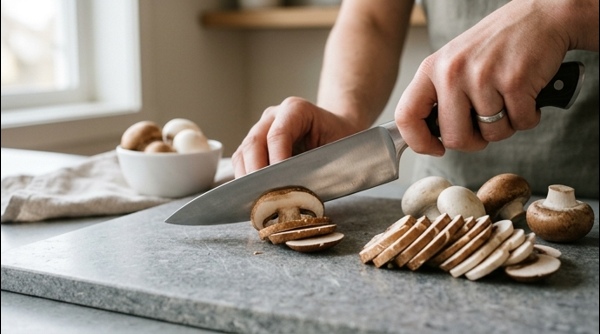 Close up of fresh mushrooms being sliced on a clean modern countertop
