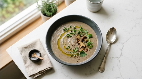A creamy bowl of breakfast mushroom soup garnished with fresh herbs on a marble countertop