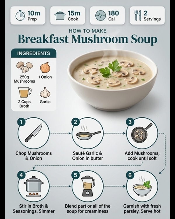 A creamy bowl of breakfast mushroom soup garnished with fresh herbs on a marble countertop