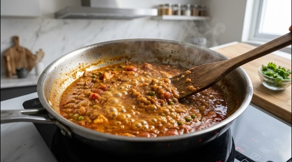 The finished Mutter Paneer simmering in a pan with a garnish of fresh green cilantro