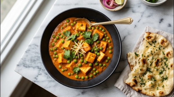 A bowl of creamy Mutter Paneer garnished with fresh cilantro and ginger juliennes