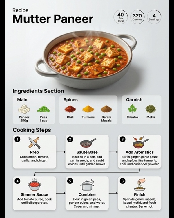 A bowl of creamy Mutter Paneer garnished with fresh cilantro and ginger juliennes