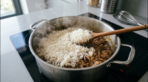 A steaming pot of mutton biryani ready to be served