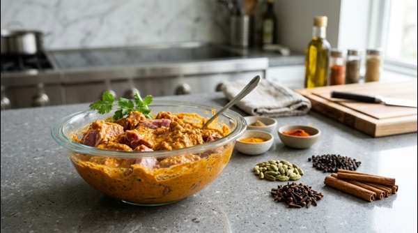 Marinated mutton with yogurt and spices in a glass bowl