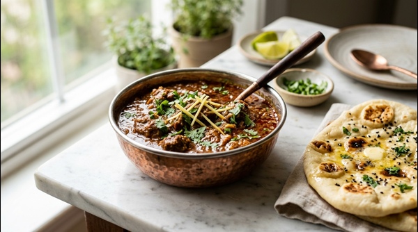 Thick and rich restaurant style mutton gravy served in a copper bowl with fresh coriander Thick and rich restaurant style mutton gravy served in a copper bowl with fresh coriander