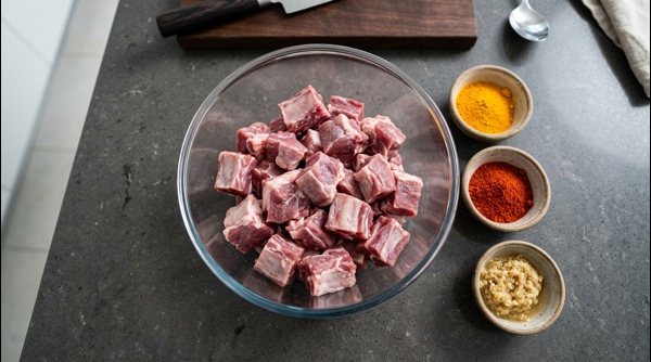 Fresh mutton pieces being marinated with ginger garlic paste and turmeric in a modern kitchen Fresh mutton pieces being marinated with ginger garlic paste and turmeric in a modern kitchen