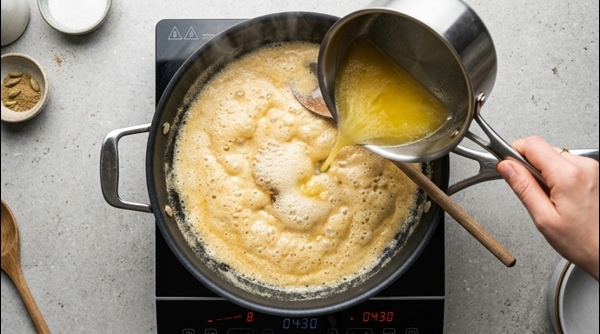 The bubbly and porous texture of Mysore Pak in the pan
