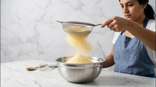 Whisking gram flour into sugar syrup for Mysore Pak