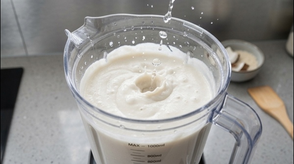 Smooth white rice and coconut batter being poured into a glass bowl