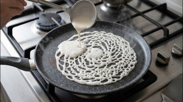 Thin white dosa cooking on a modern grey non-stick pan with lacy edges