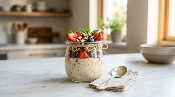 A creamy glass jar of overnight oats topped with fresh strawberries and blueberries on a marble kitchen counter
