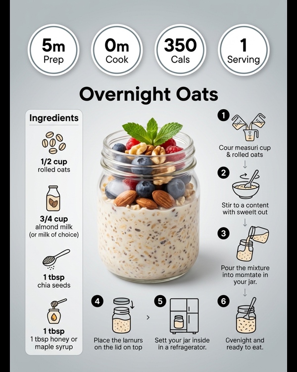 A creamy glass jar of overnight oats topped with fresh strawberries and blueberries on a marble kitchen counter