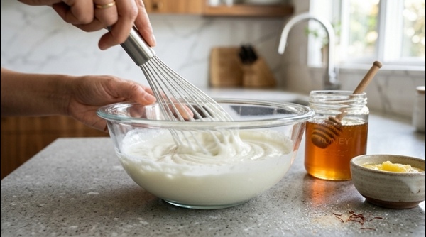 Measuring fresh milk and yogurt into glass bowls on a marble counter