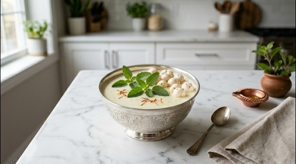 Traditional Panchamrit served in a silver bowl with tulsi leaves