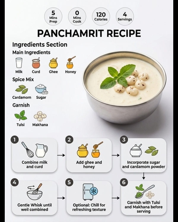 Traditional Panchamrit served in a silver bowl with tulsi leaves