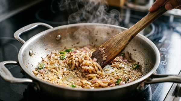 The finished paneer bhurji garnished with coriander in a white bowl
